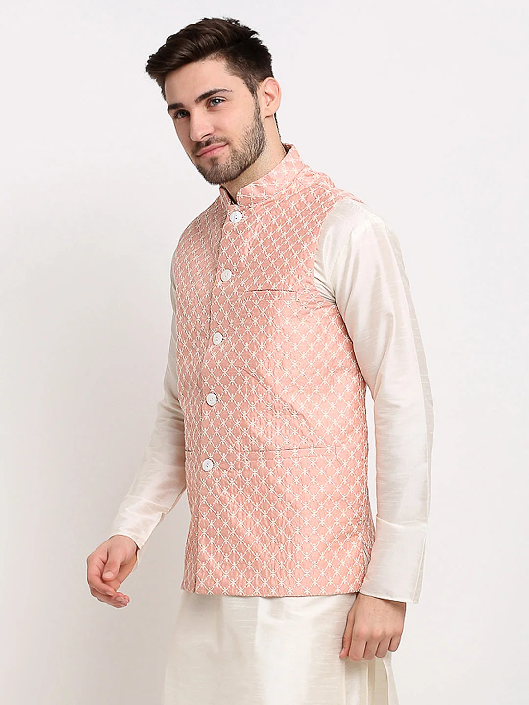 Peach Embroidered Nehru Jacket for Weddings | Modi Jacket