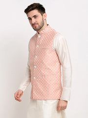 Men's Peach Peach and White Embroidered Nehru Jacket