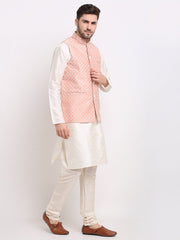 Men's Peach Peach and White Embroidered Nehru Jacket