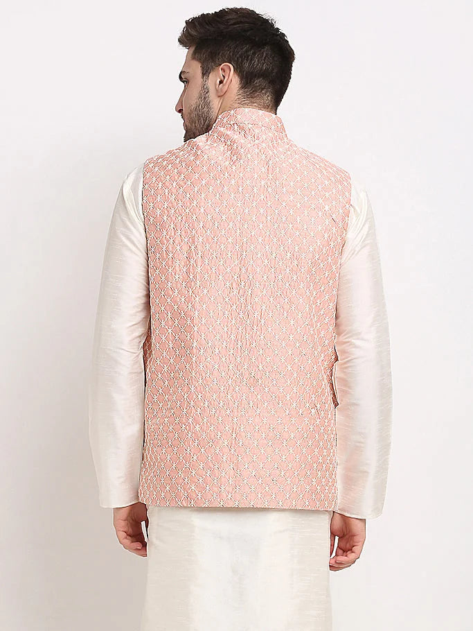 Peach Embroidered Nehru Jacket for Weddings | Modi Jacket