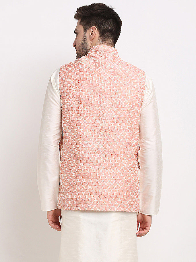 Peach Embroidered Nehru Jacket for Weddings | Modi Jacket