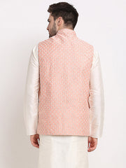 Men's Peach Peach and White Embroidered Nehru Jacket