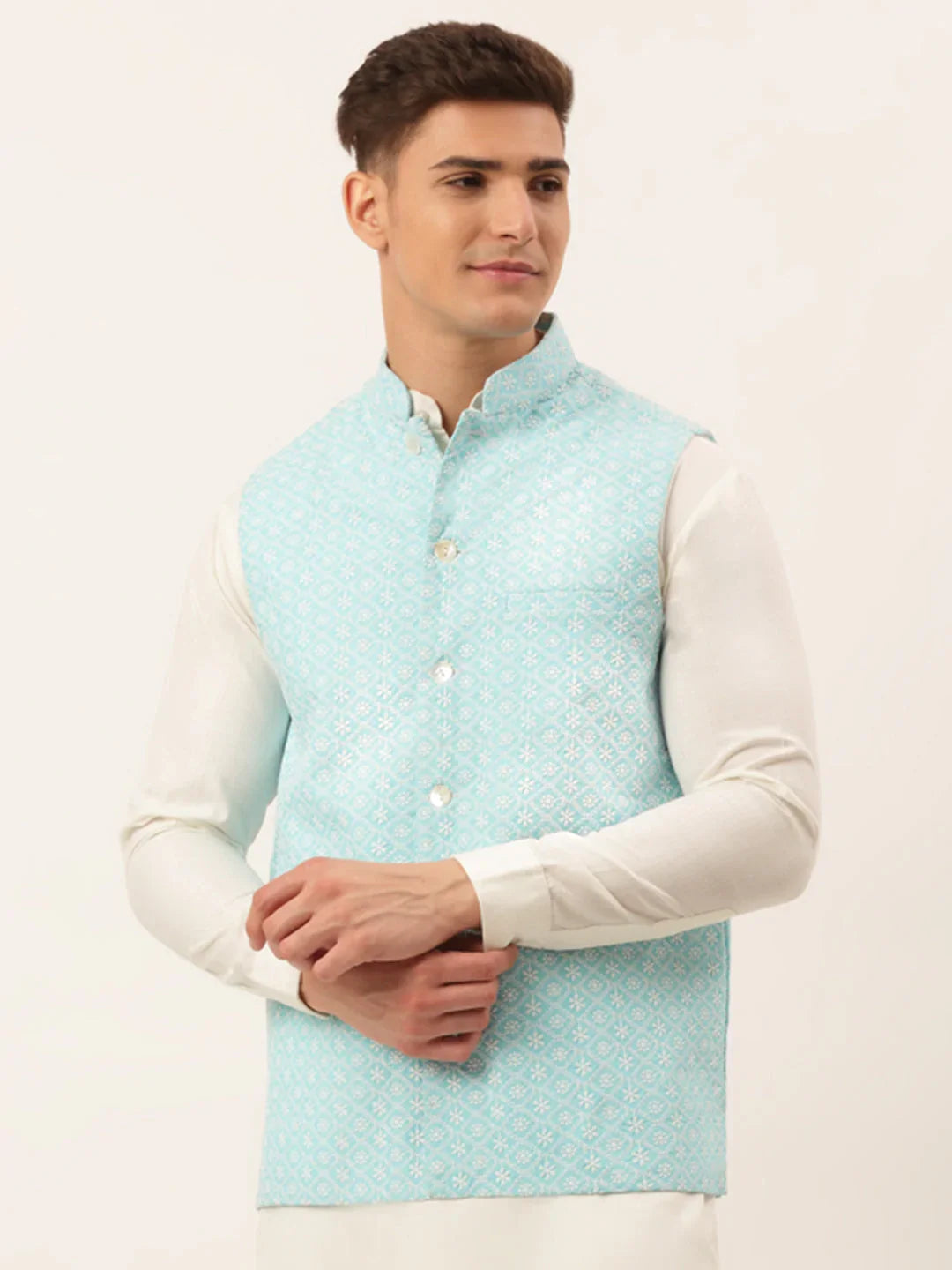 DesiQlo Men Waistcoat Nehru Jacket - Blue - JOWC_4041Sky_S
