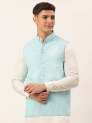 Men's Sky Embroidered Nehru Jackets( JOWC 4041 Sky )