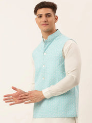 Men's Sky Embroidered Nehru Jackets( JOWC 4041 Sky )
