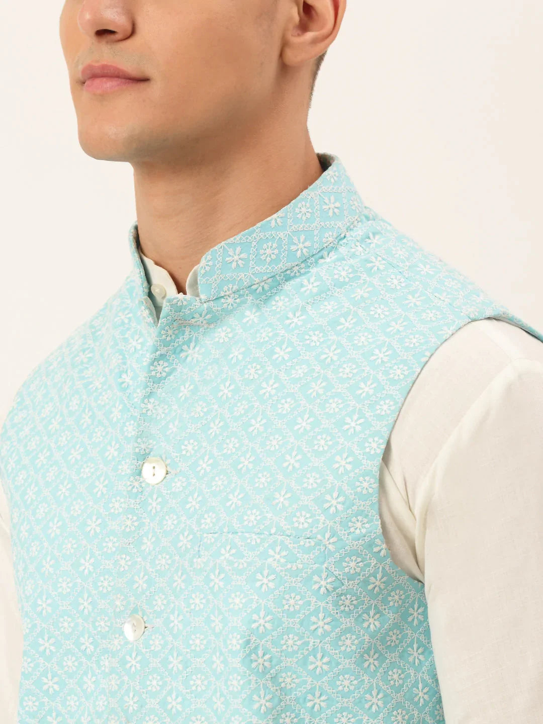 DesiQlo Men Waistcoat Nehru Jacket - Blue - JOWC_4041Sky_S