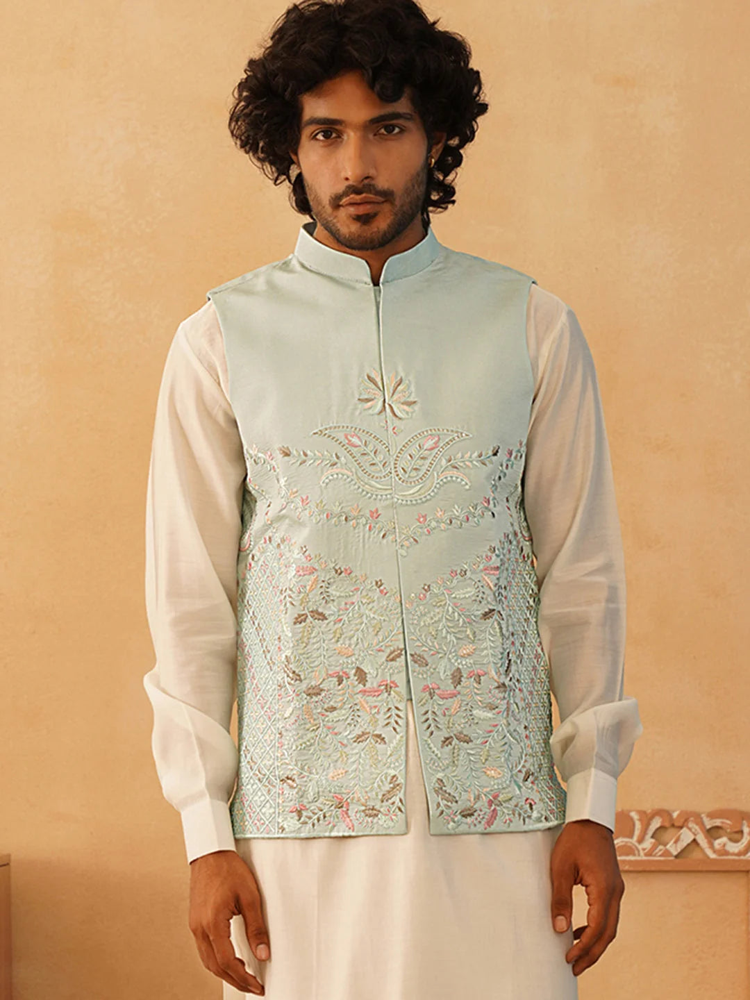 Sky Embroidered Silk Blend Nehru Jacket | Indian Nehru Jackets