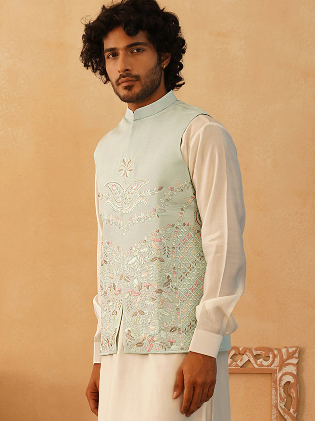 Sky Embroidered Silk Blend Nehru Jacket | Indian Nehru Jackets
