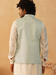 Embroidered Silk Blend Nehru Jacket-JOWC-4107Sky