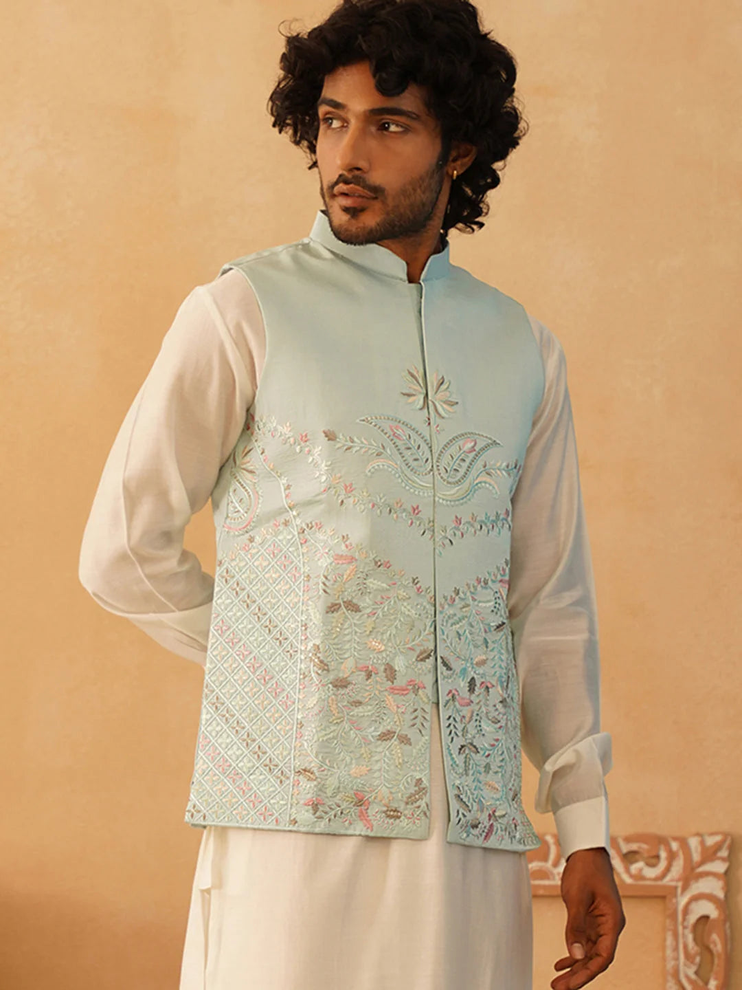 Sky Embroidered Silk Blend Nehru Jacket | Indian Nehru Jackets