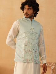 Embroidered Silk Blend Nehru Jacket-JOWC-4107Sky