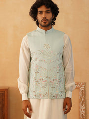 Embroidered Silk Blend Nehru Jacket-JOWC-4107Sky