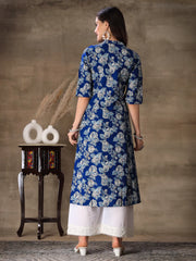Women's Floral Printed Rayon A-Line Kurta-JOYBLUE