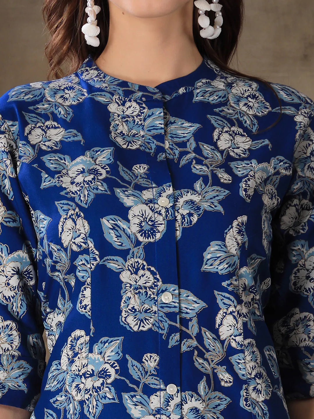 Floral Printed Kurta - Blue Rayon A-Line Indian Kurtis