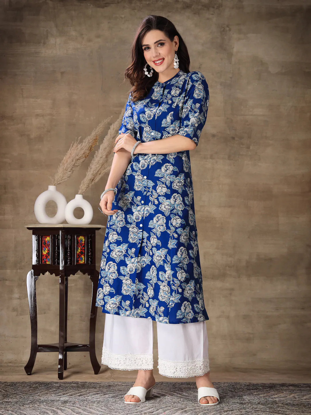 Floral Printed Kurta - Blue Rayon A-Line Indian Kurtis