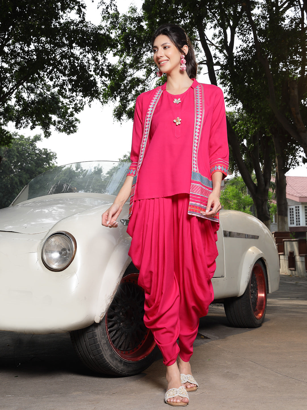 Stylum Women's Pink Solid & Embroidered Cotton A-Line Kurti Dhoti Pant with Jacket (JTDPINKROBIN)