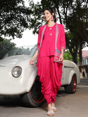 Stylum Women's Pink Solid & Embroidered Cotton A-Line Kurti Dhoti Pant with Jacket (JTDPINKROBIN)