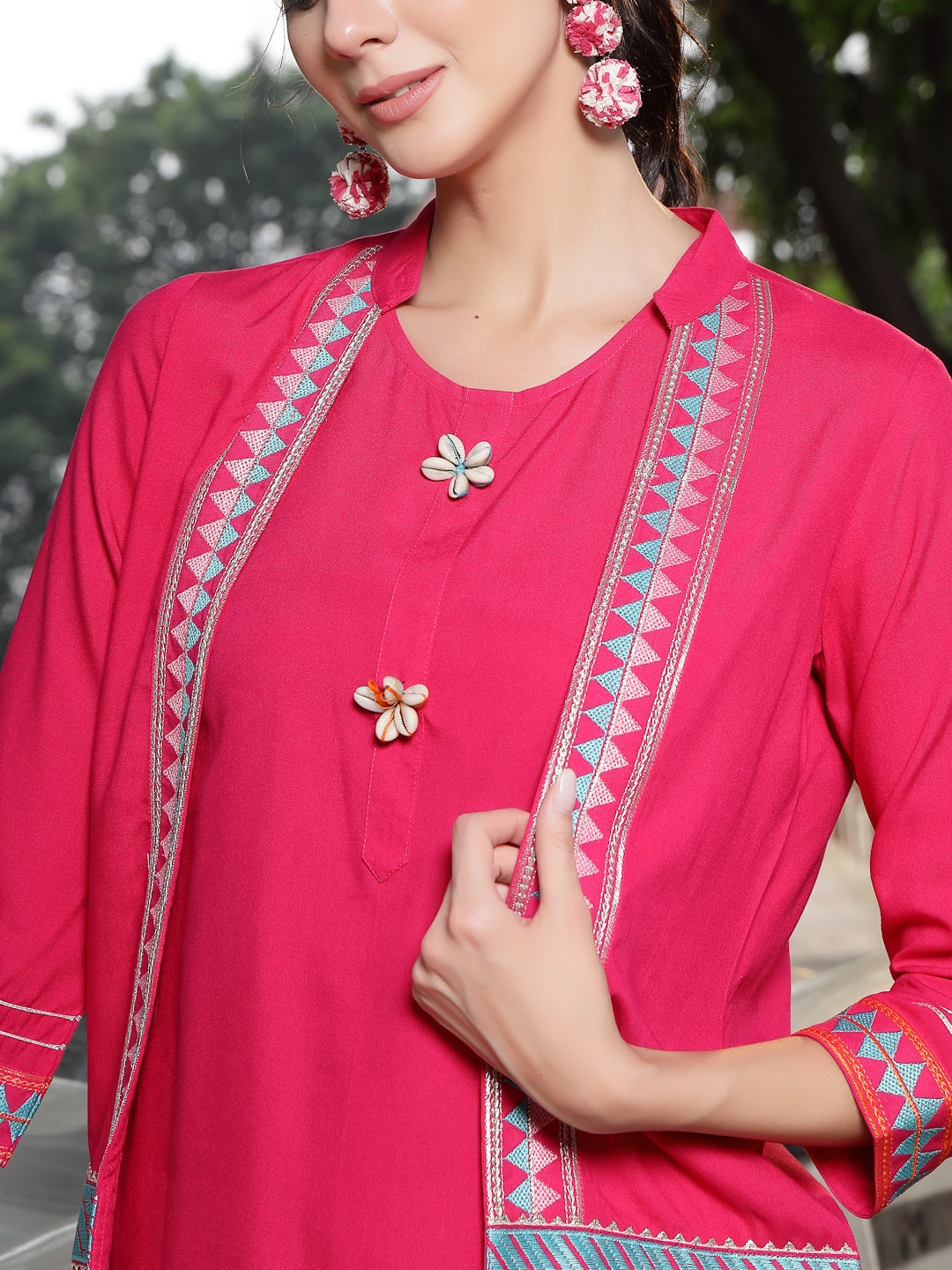Women's Pink Solid & Embroidered Cotton A-Line Kurti Dhoti Pant with J