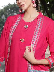 Stylum Women's Pink Solid & Embroidered Cotton A-Line Kurti Dhoti Pant with Jacket (JTDPINKROBIN)