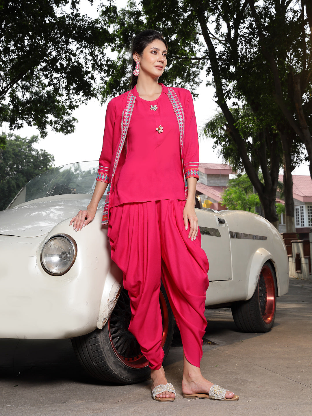 Women's Pink Solid & Embroidered Cotton A-Line Kurti Dhoti Pant with J