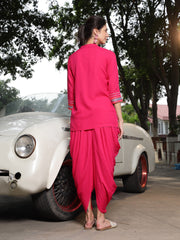 Stylum Women's Pink Solid & Embroidered Cotton A-Line Kurti Dhoti Pant with Jacket (JTDPINKROBIN)