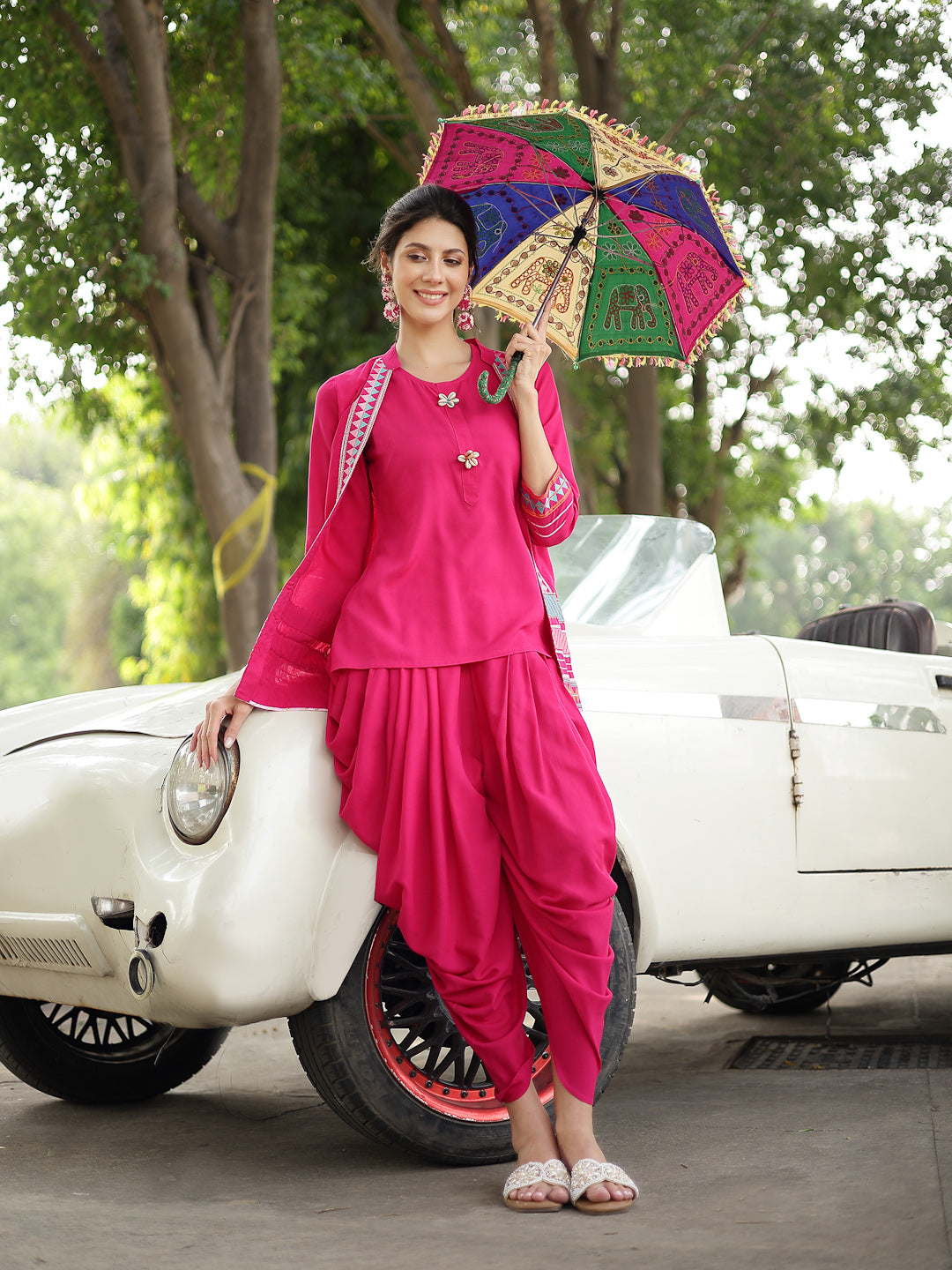 Women's Pink Solid & Embroidered Cotton A-Line Kurti Dhoti Pant with J