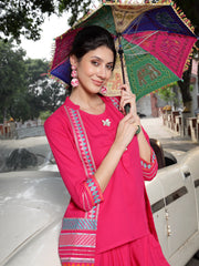 Stylum Women's Pink Solid & Embroidered Cotton A-Line Kurti Dhoti Pant with Jacket (JTDPINKROBIN)