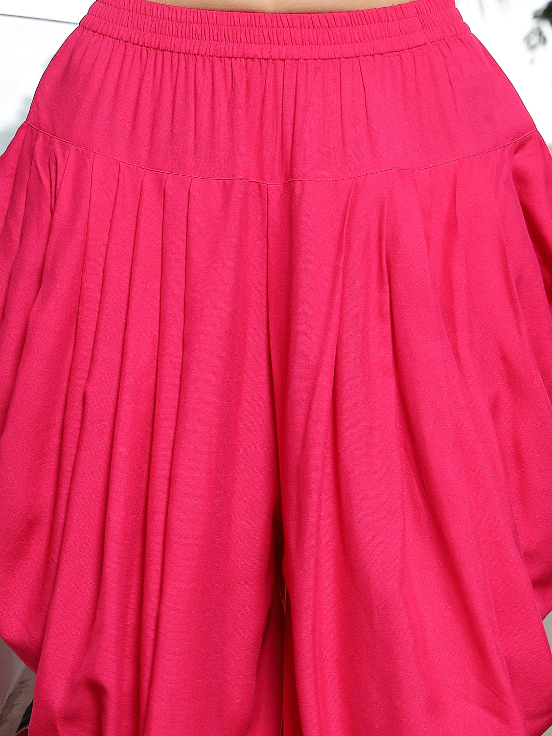 Women's Pink Solid & Embroidered Cotton A-Line Kurti Dhoti Pant with J