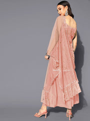 Abstract Printed Square Neck Net Kurti With Sharara & Dupatta