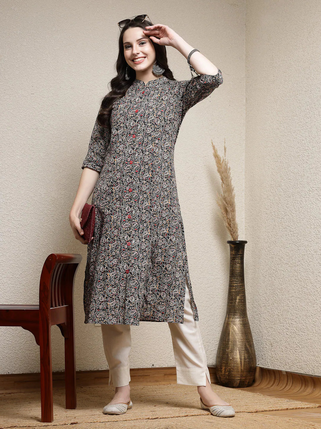 Floral Cotton A-Line Kurta - Indian Kurtis for Women Online