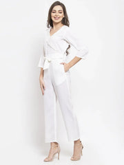 DesiQlo Women White Solid Jumpsuit with sequence on neck ( JUP 8003 White )