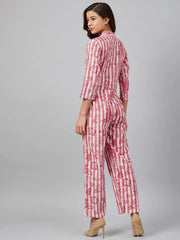 DesiQlo Women Off-White & Pink Striped Mandarin Collar Basic Jumpsuit ( JUP 8009 Red )
