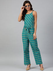 Women Green & Beige Checked Basic Jumpsuit