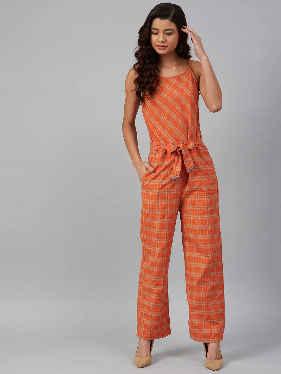 Orange Checked Jumpsuit | Women's Western Wear Outfit