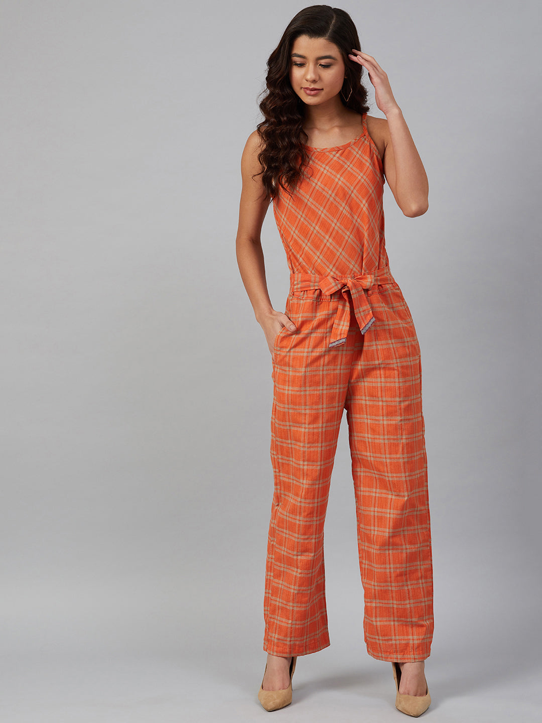 Orange Checked Jumpsuit | Women's Western Wear Outfit