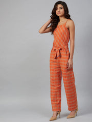 Women Orange & Beige Checked Basic Jumpsuit