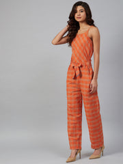 Women Orange & Beige Checked Basic Jumpsuit