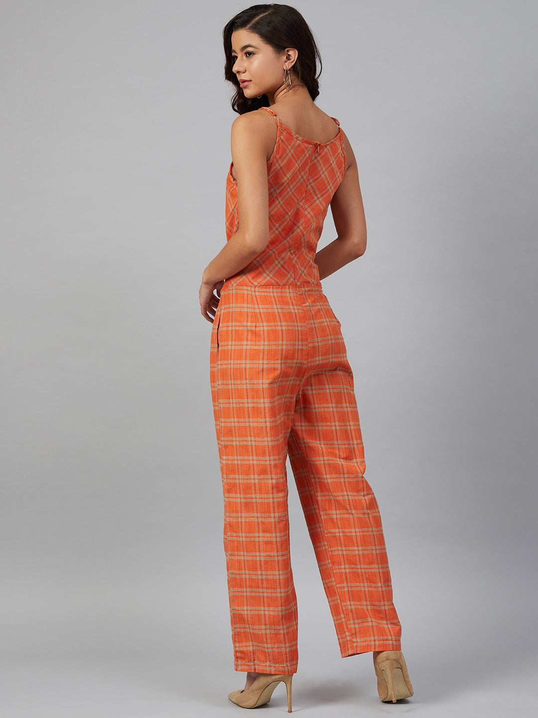Orange Checked Jumpsuit | Women's Western Wear Outfit