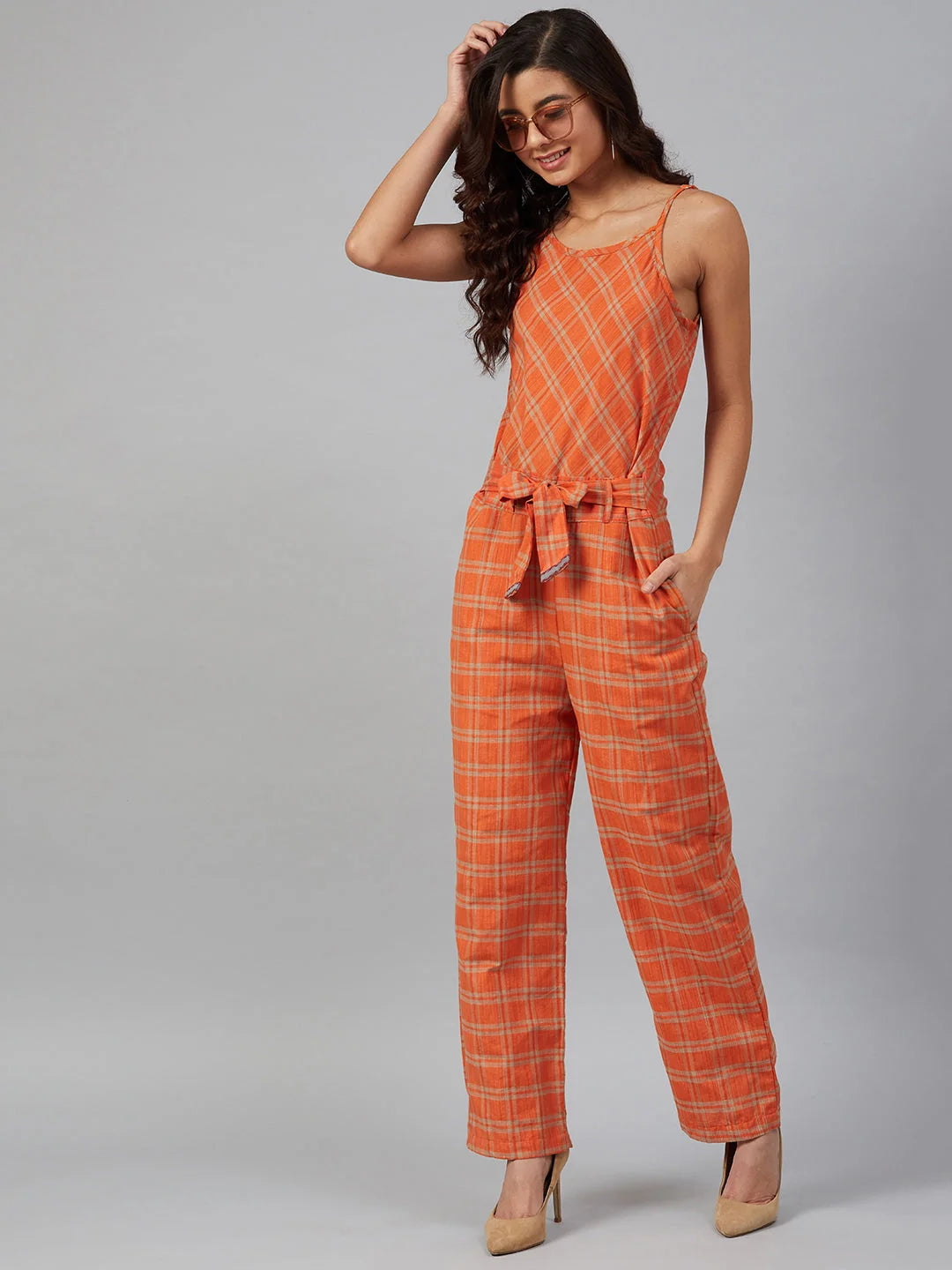 Orange Checked Jumpsuit | Women's Western Wear Outfit