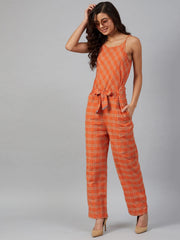 Women Orange & Beige Checked Basic Jumpsuit