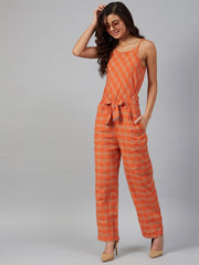 Women Orange & Beige Checked Basic Jumpsuit