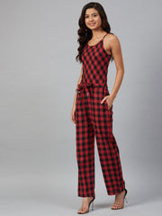 Women Red & Black Checked Basic Jumpsuit