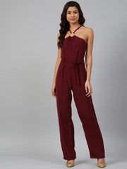 DesiQlo Women Maroon Solid Basic Halter Neck Basic Jumpsuit ( JUP 8012 Maroon )