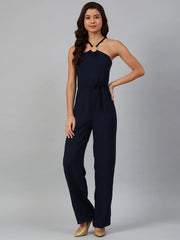 DesiQlo Women Navy Blue Solid Basic Halter Neck Basic Jumpsuit ( JUP 8012 Navy )