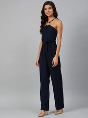 DesiQlo Women Navy Blue Solid Basic Halter Neck Basic Jumpsuit ( JUP 8012 Navy )