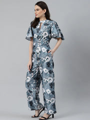 DesiQlo Women Grey & Off-White Printed Keyhole Neck Flared Sleeves Basic Jumpsuit ( JUP 8014 Grey )