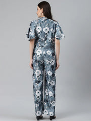 DesiQlo Women Grey & Off-White Printed Keyhole Neck Flared Sleeves Basic Jumpsuit ( JUP 8014 Grey )