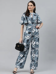 DesiQlo Women Grey & Off-White Printed Keyhole Neck Flared Sleeves Basic Jumpsuit ( JUP 8014 Grey )