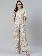 DesiQlo Women Lime Green & Off-White Printed Keyhole Neck Flared Sleeves Basic Jumpsuit ( JUP 8014 Lime )
