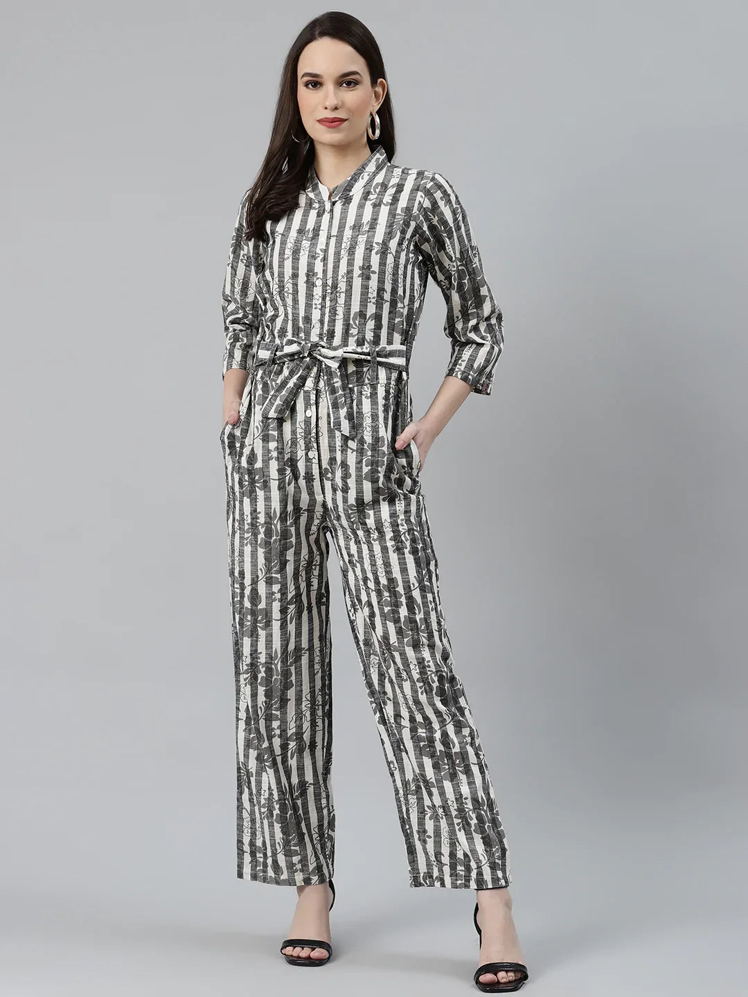 DesiQlo Women Off-White & Grey Striped Mandarin Collar Basic Jumpsuit ( JUP 8009 Grey )